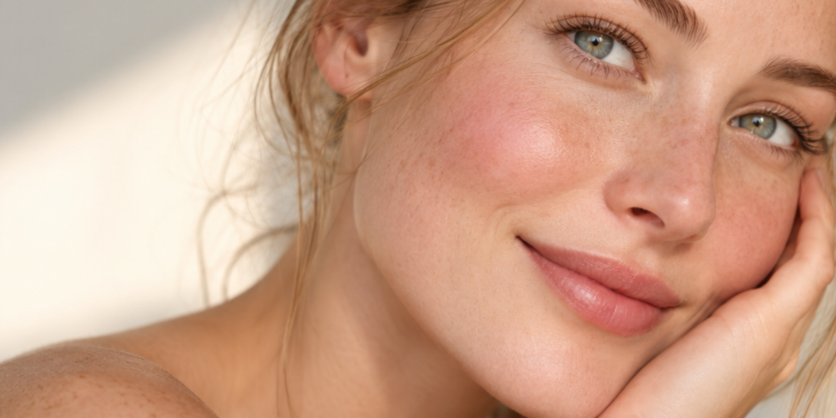 Woman with sensitive skin gently caring for her face, France Laure skincare for sensitive and reactive skin