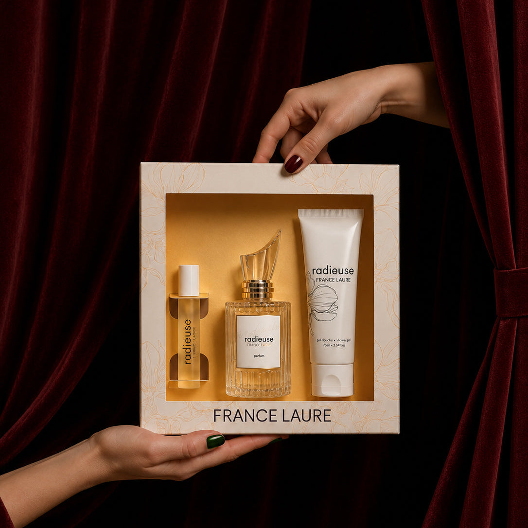 women with radieuse perfume gift set floral and fruity fragrance. france laure cosmetics