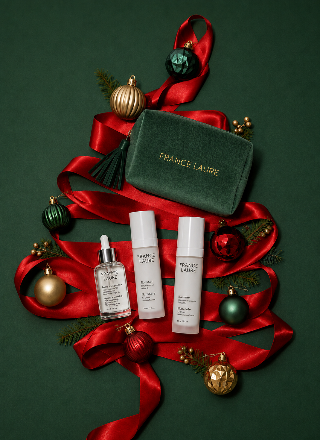 Illuminate C+ detox holiday gift set with vitamine C for dark complexion skin. free puch. france laure cosmetics
