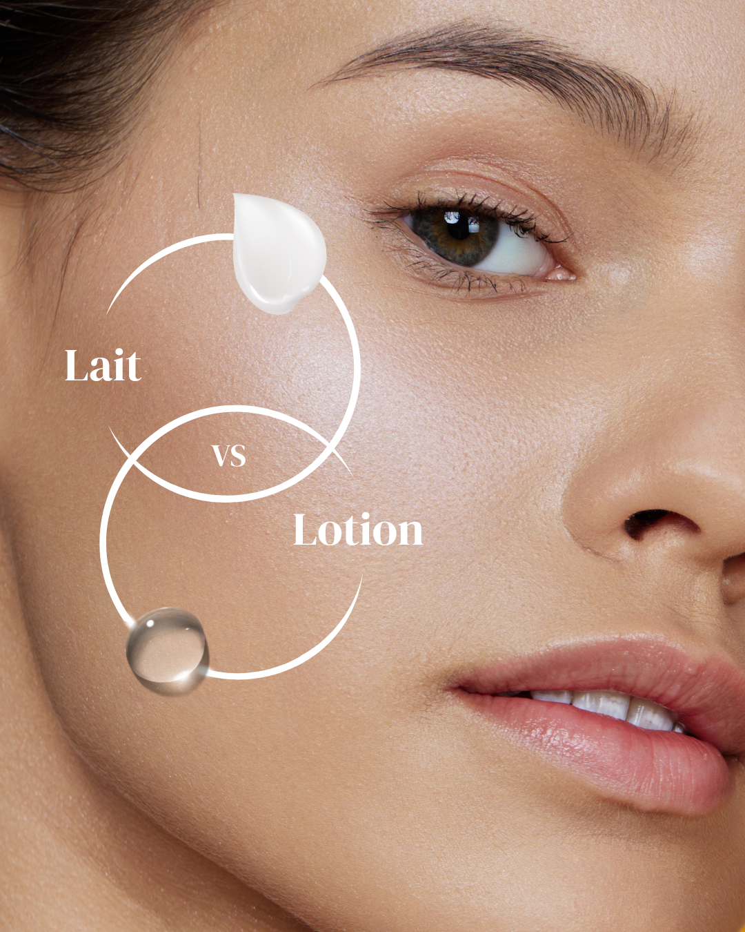 Close-up of woman’s face comparing milk vs lotion skincare textures for radiant, healthy skin care routine