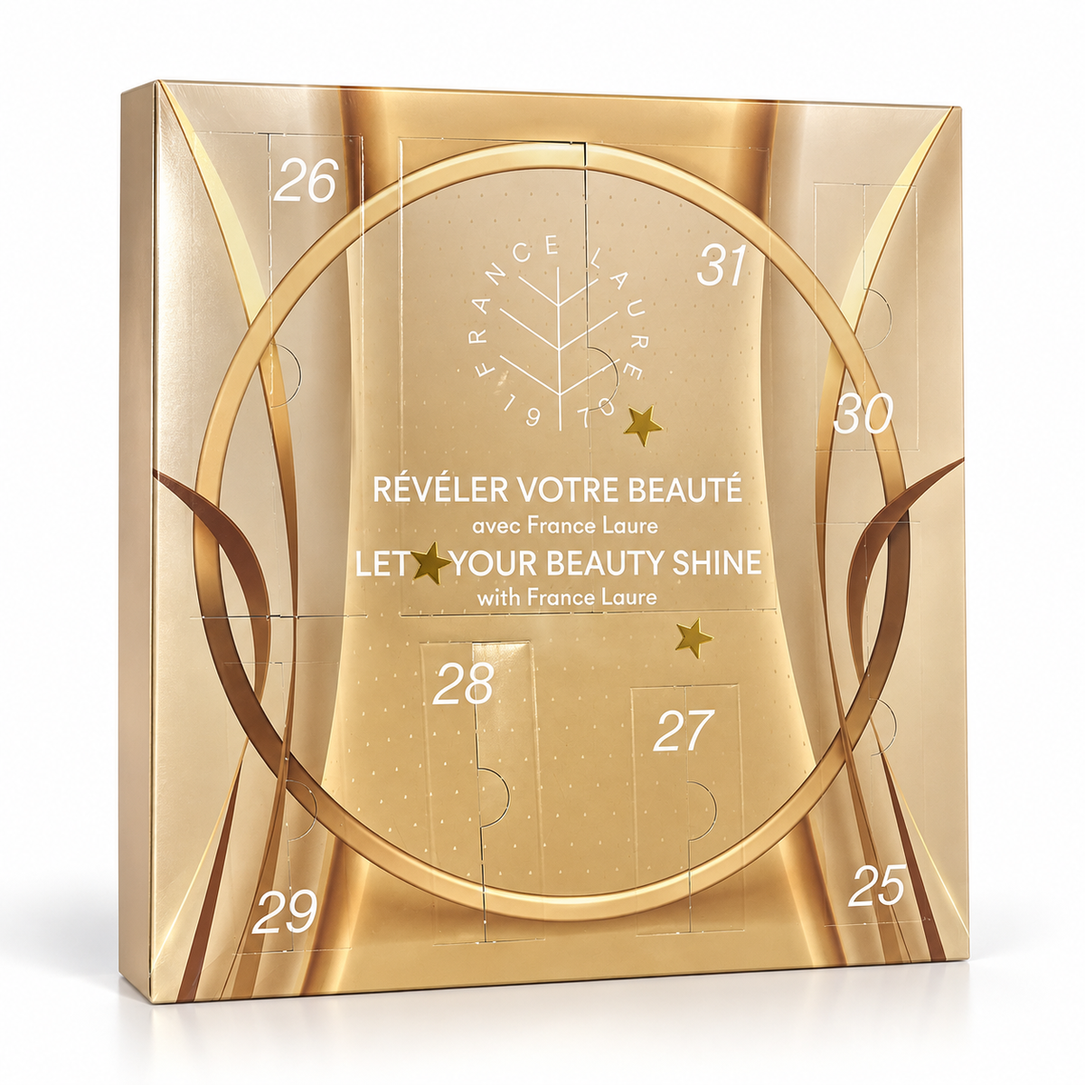 France Laure advent calendar box in metallic gold with numbered compartments and French and English text on the front, shown on a clean white background.