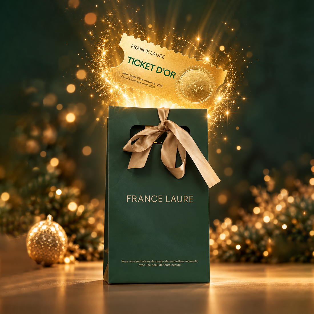 A dark green gift box with a beige ribbon bow and the text 'FRANCE LAURE' on the front, with a glowing gold ticket floating above it and sparkling light effects against a festive blurred holiday background.