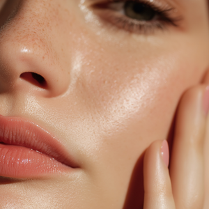 Close-up of radiant, dewy skin with natural freckles and soft pink lips, showcasing healthy glow and texture for skincare routines.