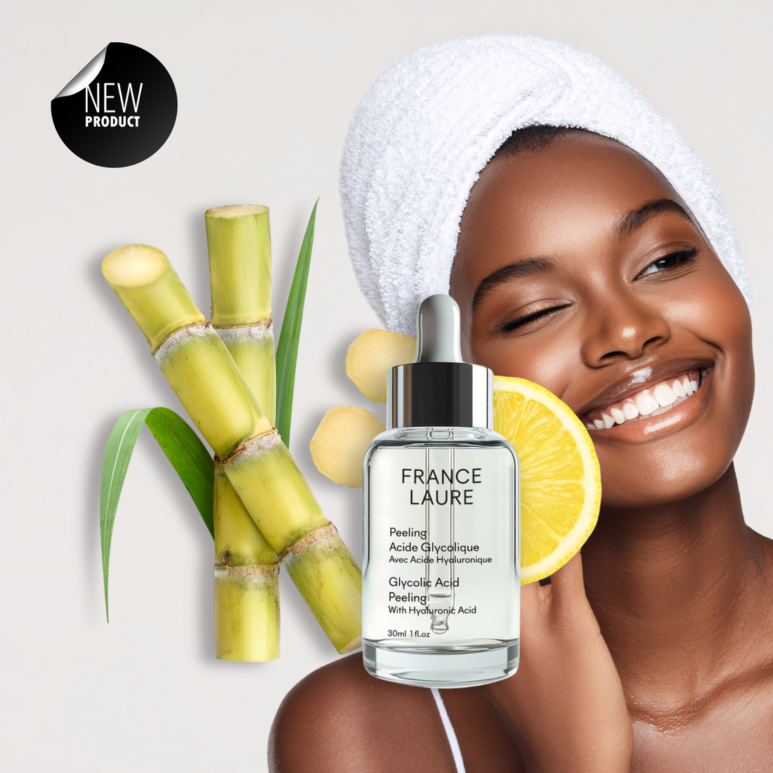 France Laure Glycolic Acid Peeling with Hyaluronic Acid, new skincare product with sugarcane and lemon, shown with smiling woman in towel