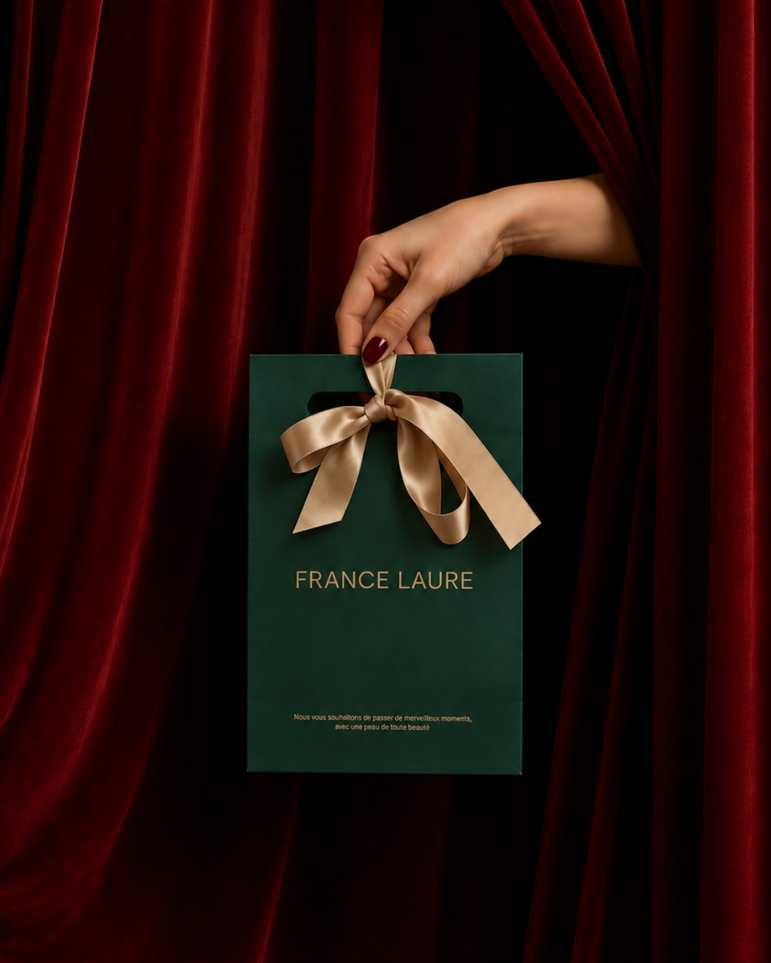 A hand with dark red nail polish holds a dark green France Laure gift bag with a beige satin bow, set against a backdrop of draped red velvet curtains.